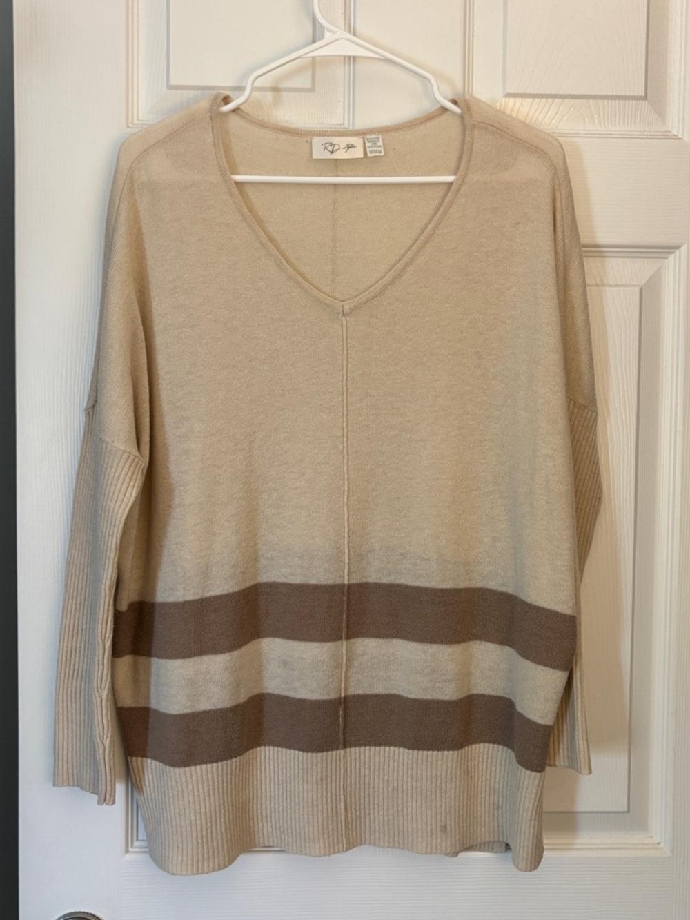 RD Style Beige and Brown Striped V-Neck Sweater
